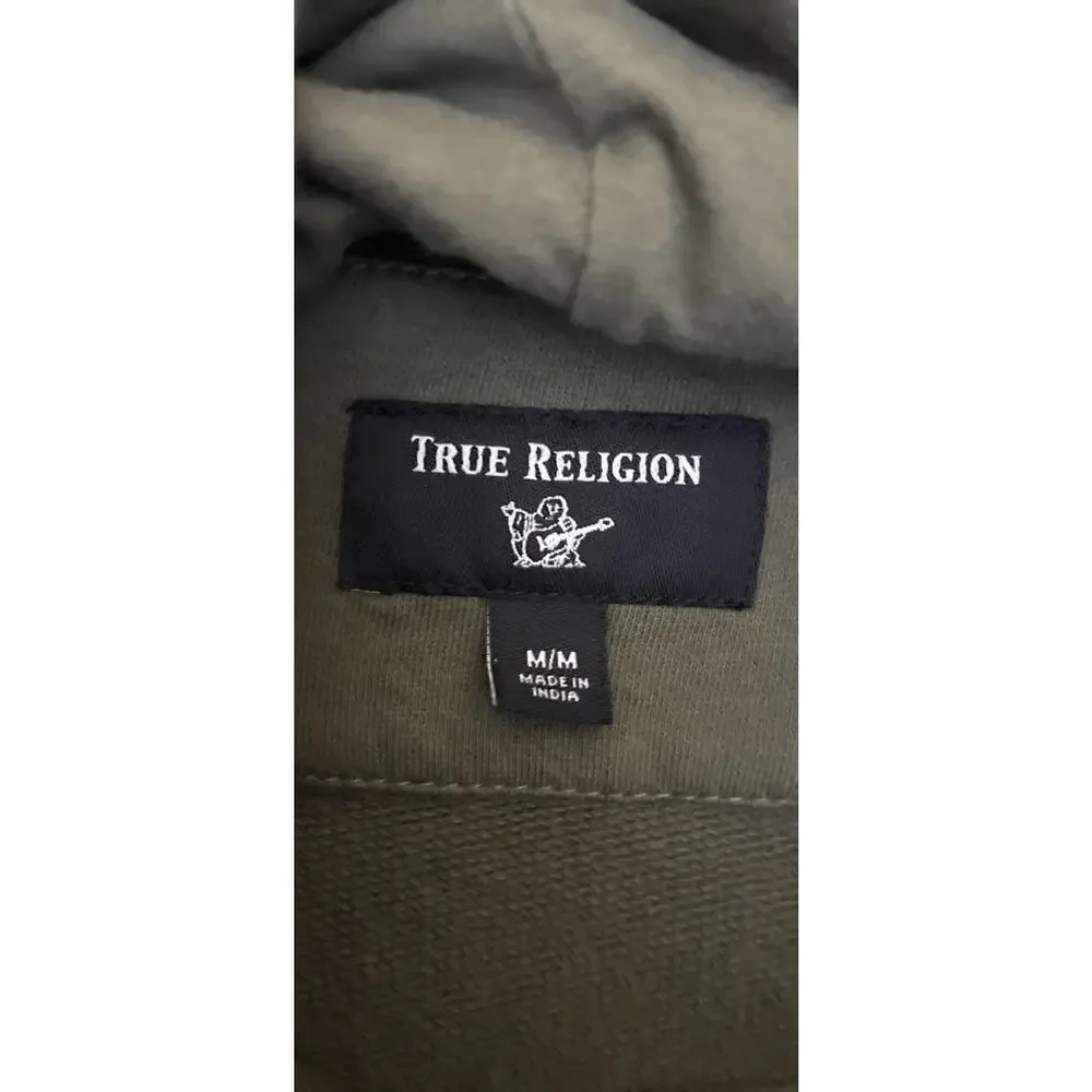 True Religion Hoodie Sz M Gray Navy Blue Pullover Fleece Logo Kangaroo Pocket
